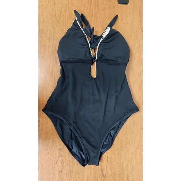 Kona Sol Women's LARGE Crochet Trim Plunge One Piece Swimsuit - Picture 9 of 10